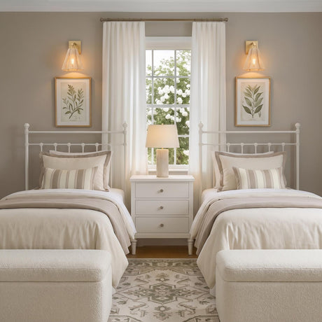 A transitional bedroom featuring two Birdie Wall Sconce 13", Gold Leaf and Natural Rope fixtures mounted above twin white iron beds flanking a central window and nightstand.