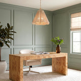 A transitional office with the Birdie Large Pendant 28", Gold Leaf and Natural Rope suspended over a burl wood desk and sage green paneled walls.