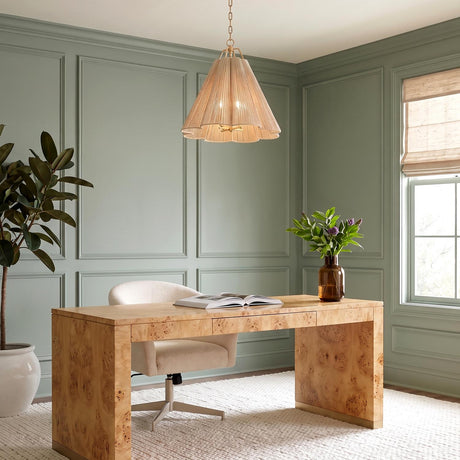 A transitional office with the Birdie Large Pendant 28", Gold Leaf and Natural Rope suspended over a burl wood desk and sage green paneled walls.