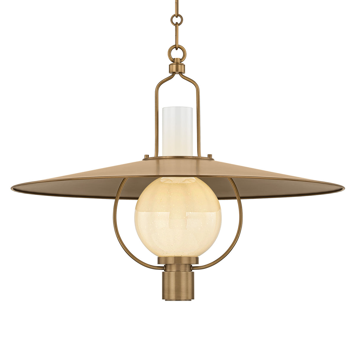 Leonel Large Pendant 30", Patina Brass and Seeded Cloud Glass