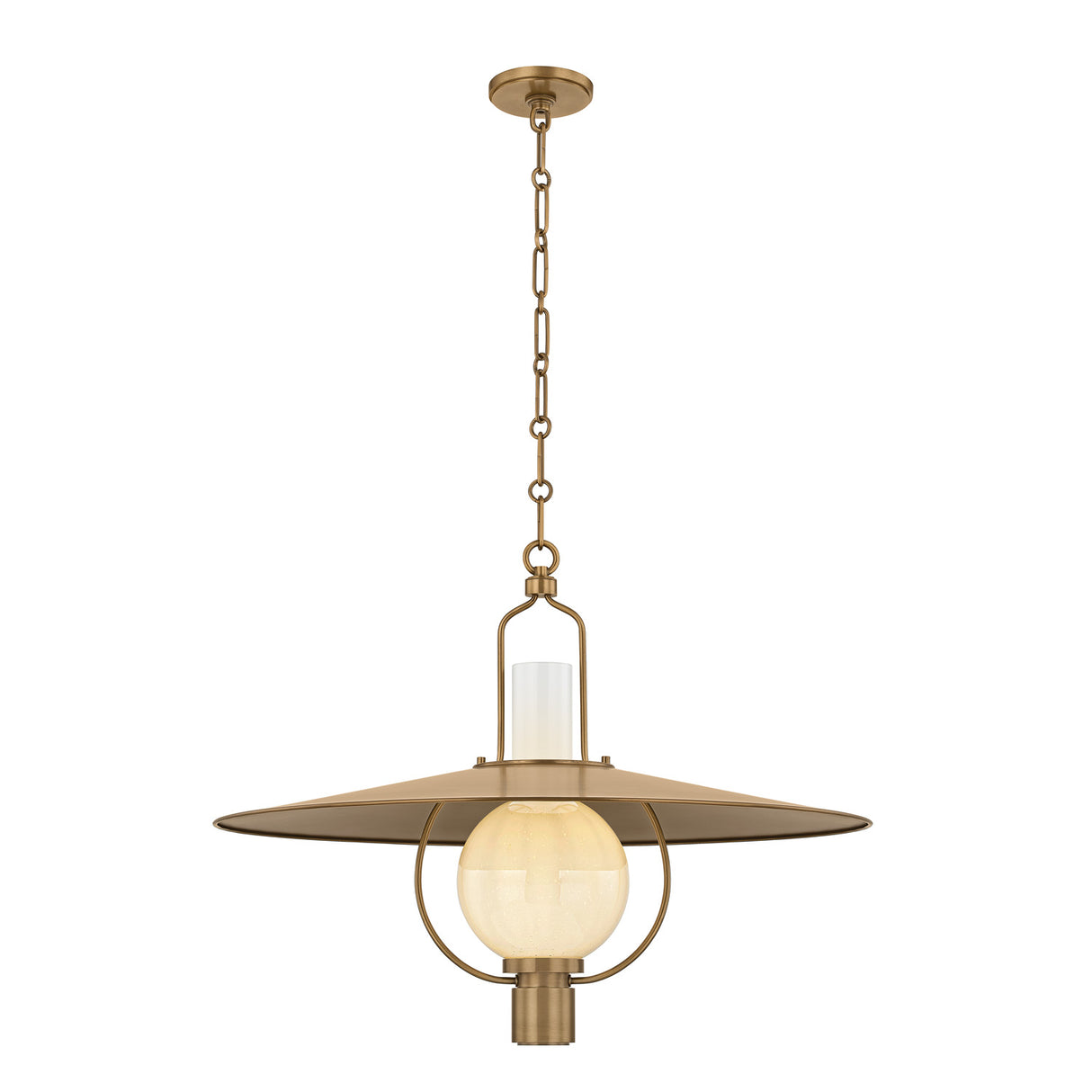 Leonel Large Pendant 30", Patina Brass and Seeded Cloud Glass