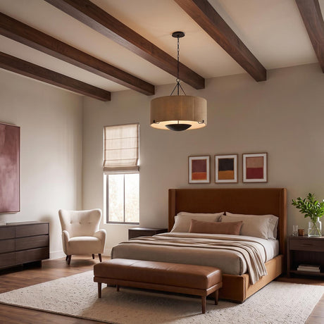 A mid-century bedroom with the Linwood Oversized Pendant 38", Forged Iron and Raffia drum pendant suspended from a beamed ceiling over a cognac leather bed.