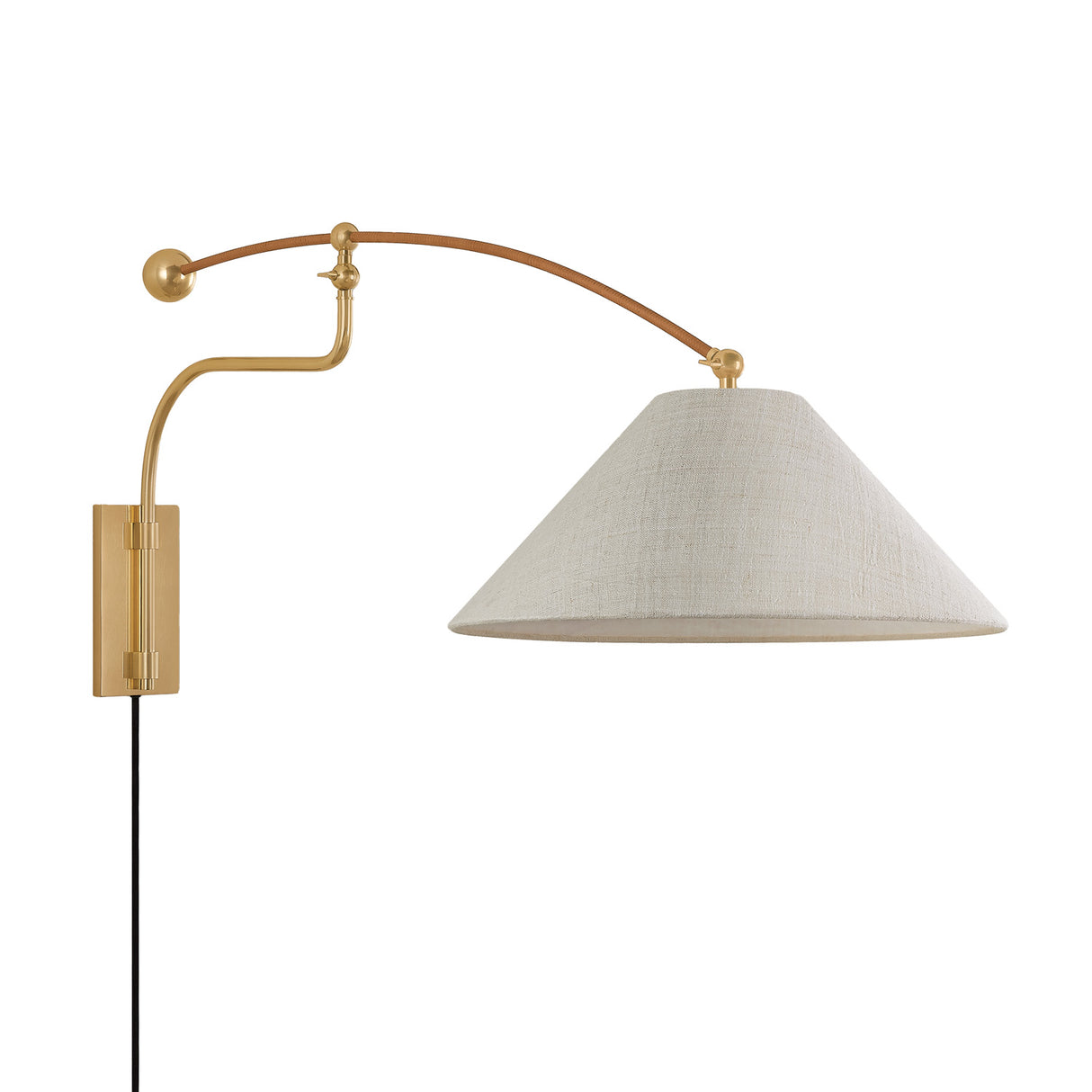 Leif Swing Arm Wall Sconce, Aged Brass, Rattan, and Hemp Shade