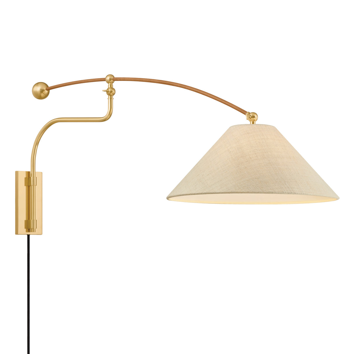 Leif Swing Arm Wall Sconce, Aged Brass, Rattan, and Hemp Shade