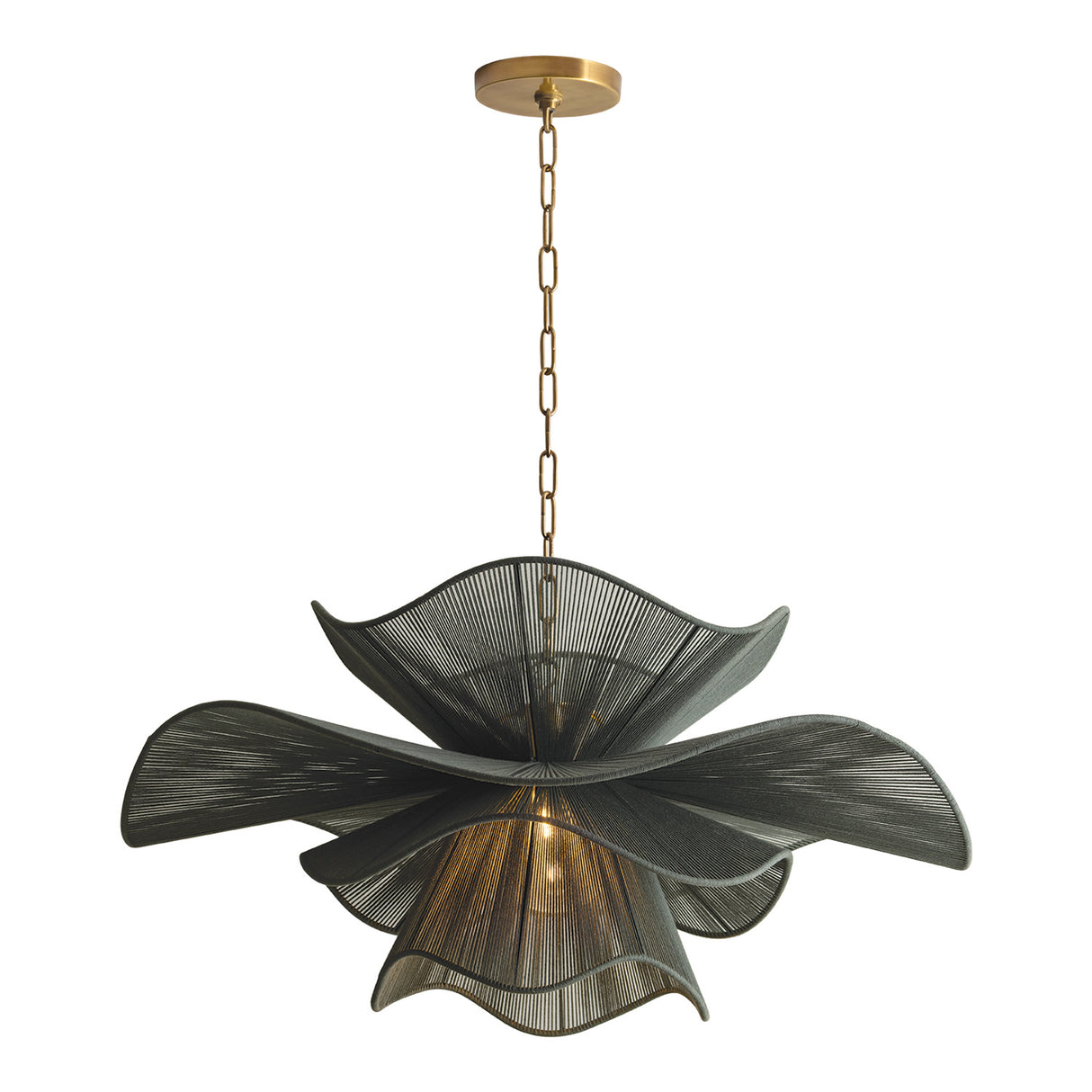 Lotus Chandelier 34", Patina Brass and Rosemary Cotton