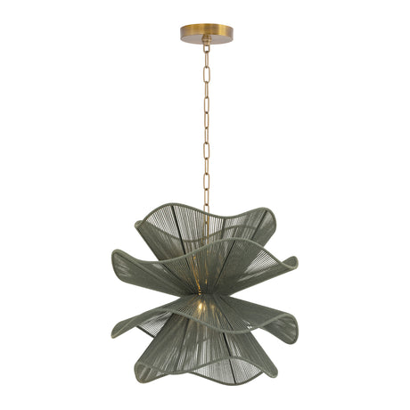 Lotus Pendant 20", Patina Brass and Rosemary Cotton, front view of wavy rosemary cotton shade and patina brass chain