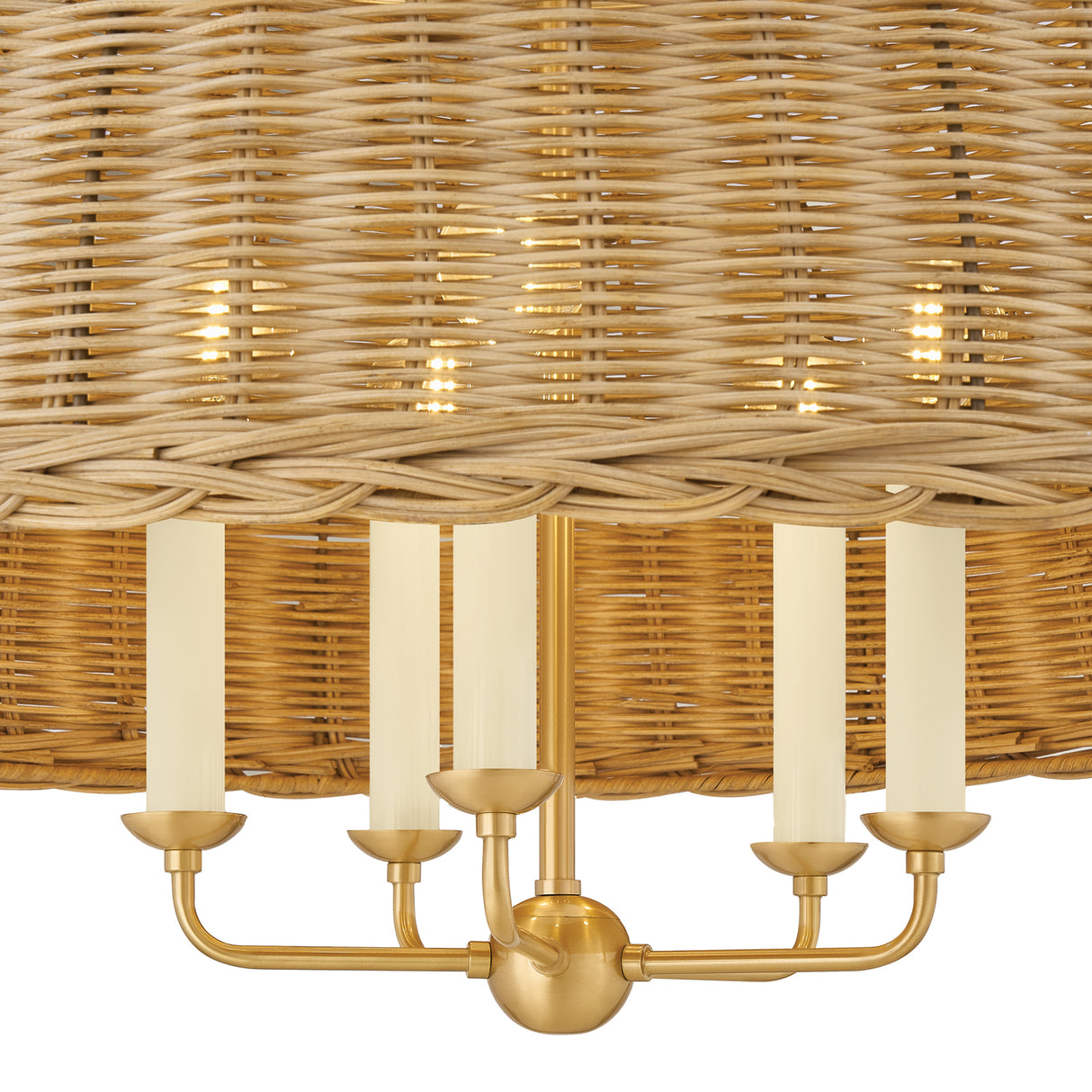 Valencia 5 Light Pendant 30", Aged Brass and Natural Wicker
