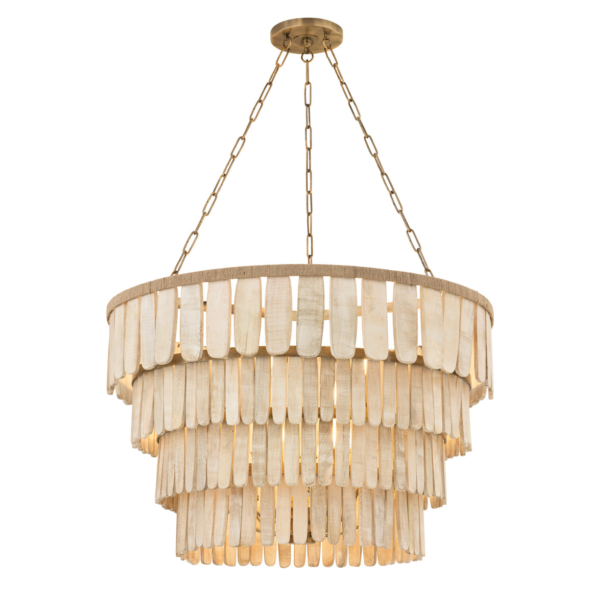 Hannigan Chandelier 37", Whitewash Wood and Patina Brass