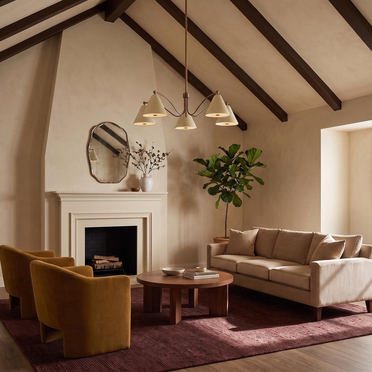 A transitional living room with the Bryden 5 Light Chandelier in patina brass and soft sand centered along a beamed vaulted ceiling above a round wood coffee table.