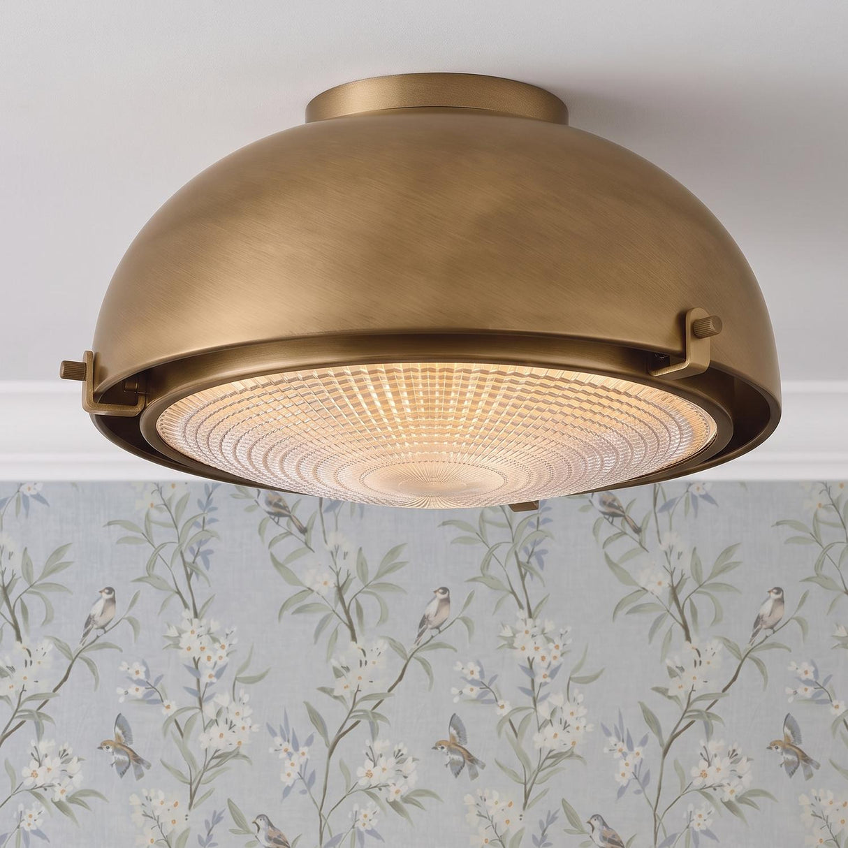 A transitional foyer with a patina brass flush mount featuring textured clear glass installed on a white ceiling above blue bird and floral wallpaper.