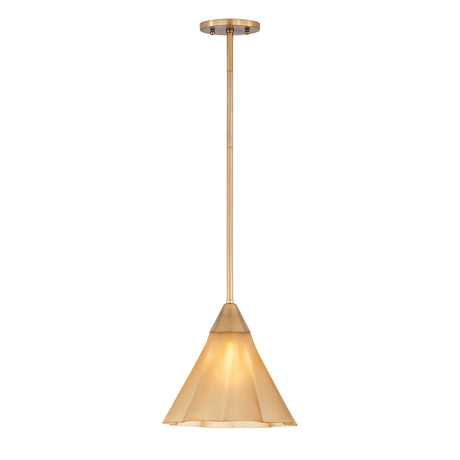 Catrin Small Pendant 11", Aged Brass and Champagne Frosted Glass, front view, cone frosted glass shade on a long rod