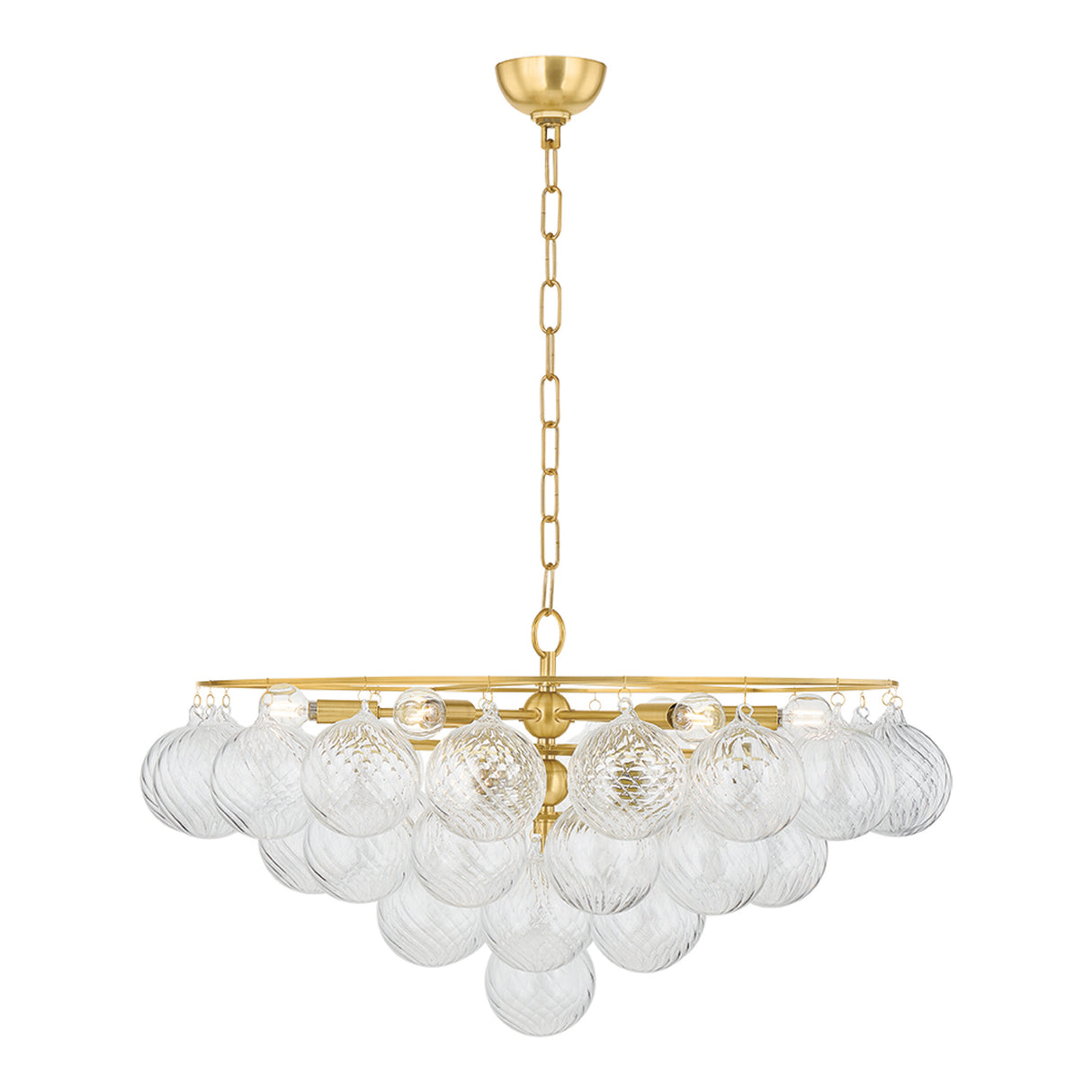 Kassia 9 Light Chandelier 32", Aged Brass and Clear Swirled Glass