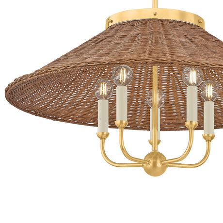 Bramble 5 Light Chandelier 28", Walnut Wicker and Aged Brass