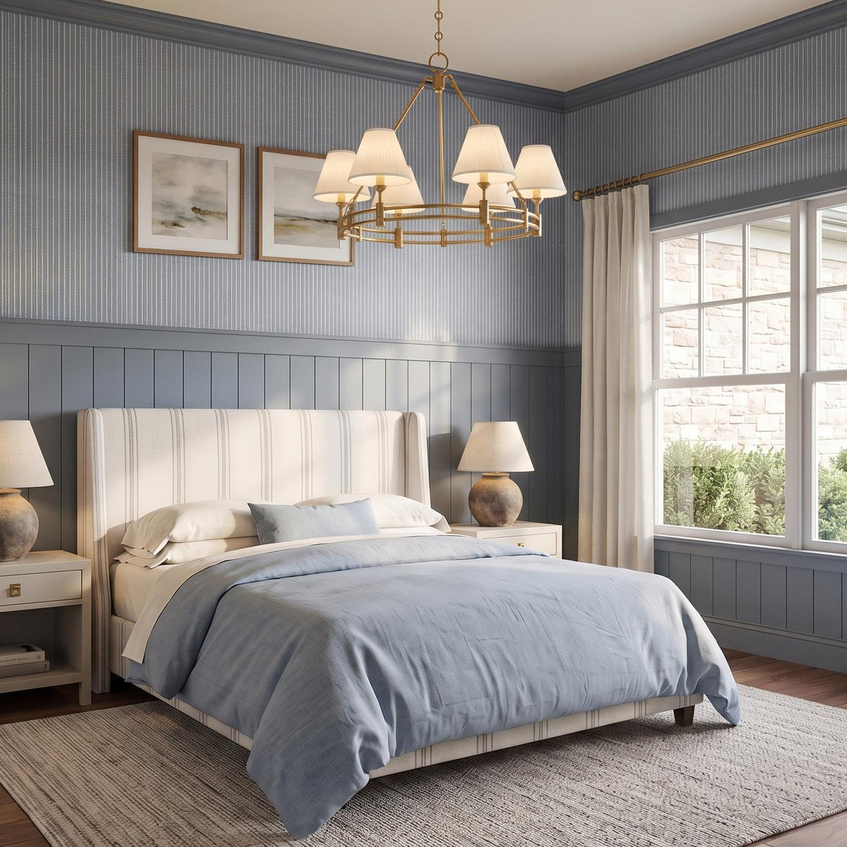A transitional bedroom featuring the Rafferty 6 Light Chandelier 33", Aged Brass with white fabric shades over a striped upholstered bed and blue wainscoting.