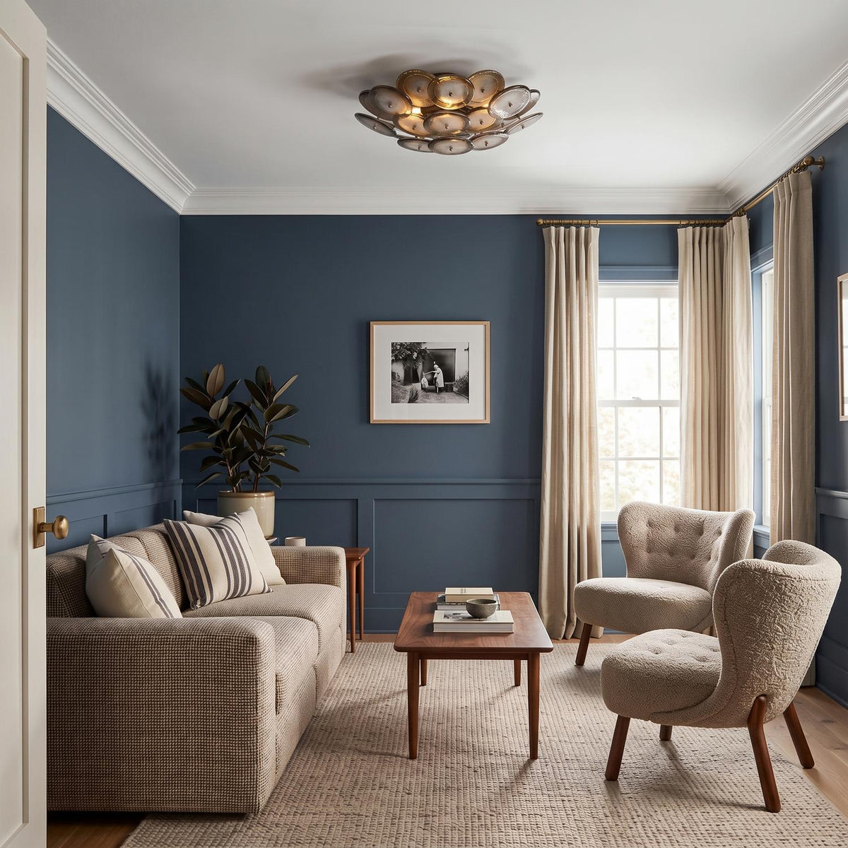 A transitional living room featuring the Perenna Semi-Flush in patina brass and smoke taupe glass above blue paneled walls, beige boucle armchairs, and a walnut coffee table.