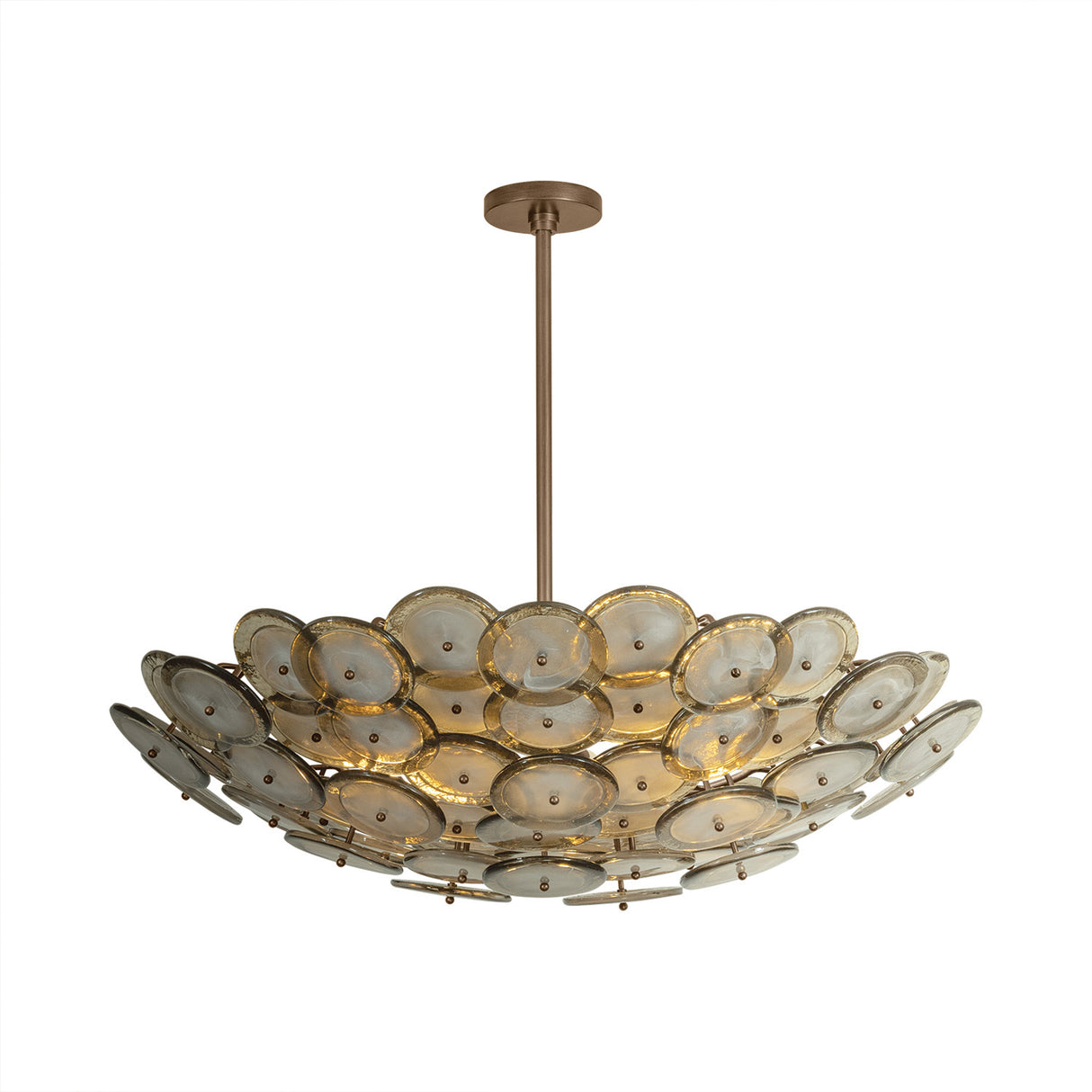 Perenna Large Chandelier 32", Patina Brass and Smoke Taupe Piastra Glass