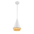 Sunita modern conical pendant with 7" wide matte white metal and brown rope shade.