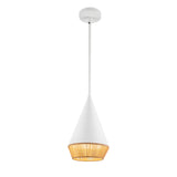 Sunita modern conical pendant with 7" wide matte white metal and brown rope shade.