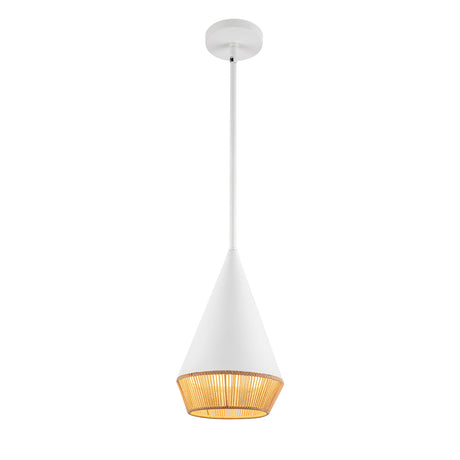 Sunita modern conical pendant with 7" wide matte white metal and brown rope shade.