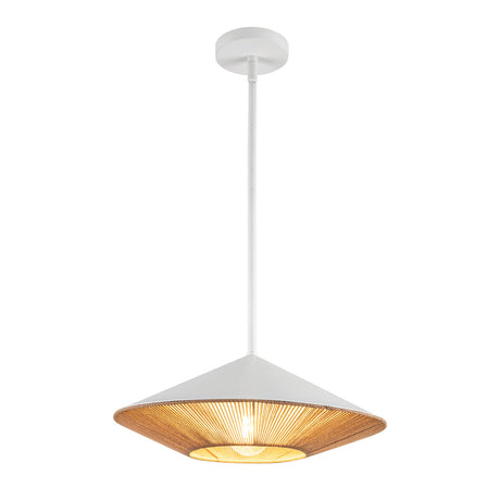 Sunita MCM pendant with 15" wide saucer shaped white metal and brown rope shade.