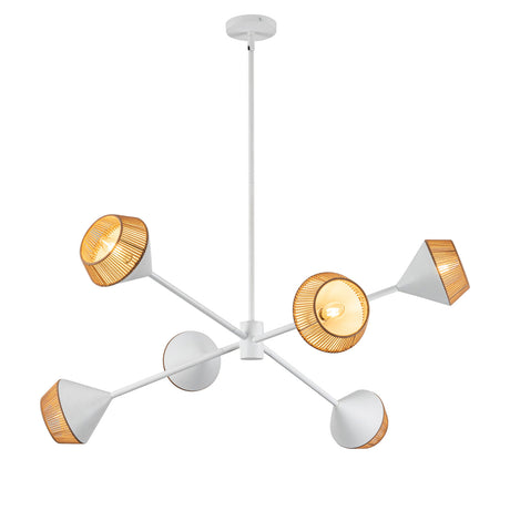 Sunita six-light Sputnik-inspired chandeliers in matte white steel with brown rope trim on the shades