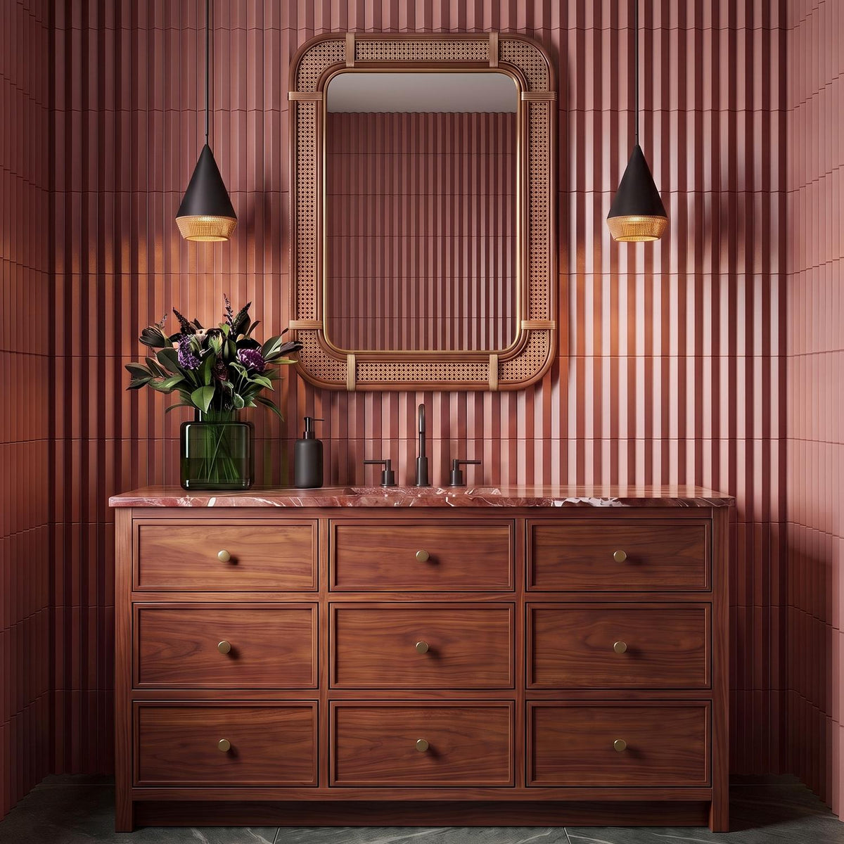A contemporary bathroom featuring two matte black cone pendants with woven rope trim flanking a cane mirror above a walnut vanity and pink fluted tiles.