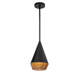 Sunita modern conical pendant with 7" wide matte black metal and brown rope shade.