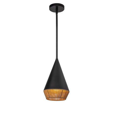Sunita modern conical pendant with 7" wide matte black metal and brown rope shade.