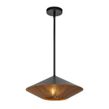 Sunita MCM pendant with 15" wide saucer shaped black metal and brown rope shade.