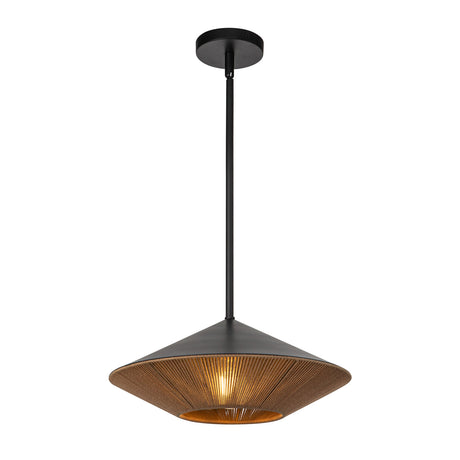 Sunita MCM pendant with 15" wide saucer shaped black metal and brown rope shade.