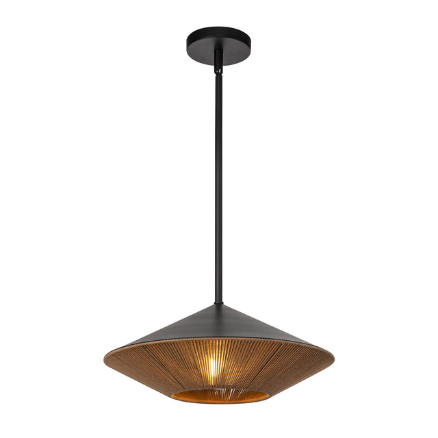 Sunita MCM pendant with 15" wide saucer shaped black metal and brown rope shade.