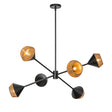 Sunita six-light Sputnik-inspired chandeliers in matte black steel with brown rope trim on the shades