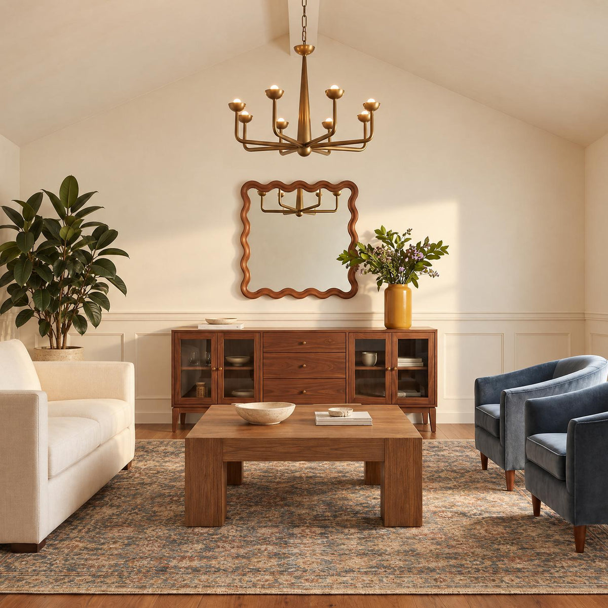 A transitional living room featuring the Bettina LED Chandelier 30", Vintage Brass suspended from a vaulted ceiling above a wood coffee table and blue armchairs.