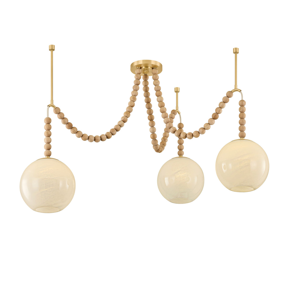 Wilhelmina 3 Light Swag Chandelier, Aged Brass, Oak, and Cloud Glass