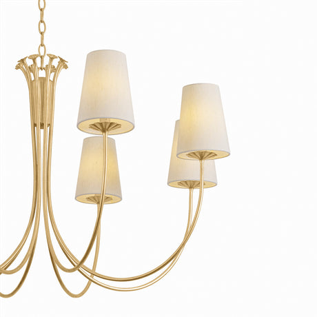 Catherine 8 Light Chandelier 40", Gold Leaf and Raw Silk, close-up of curved gold leaf arms and tapered raw silk shades