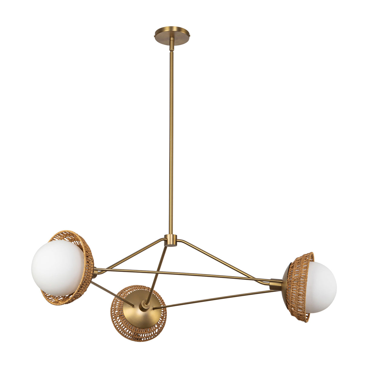 Santino 3 Light Chandelier 40", Brushed Brass and Natural Rattan