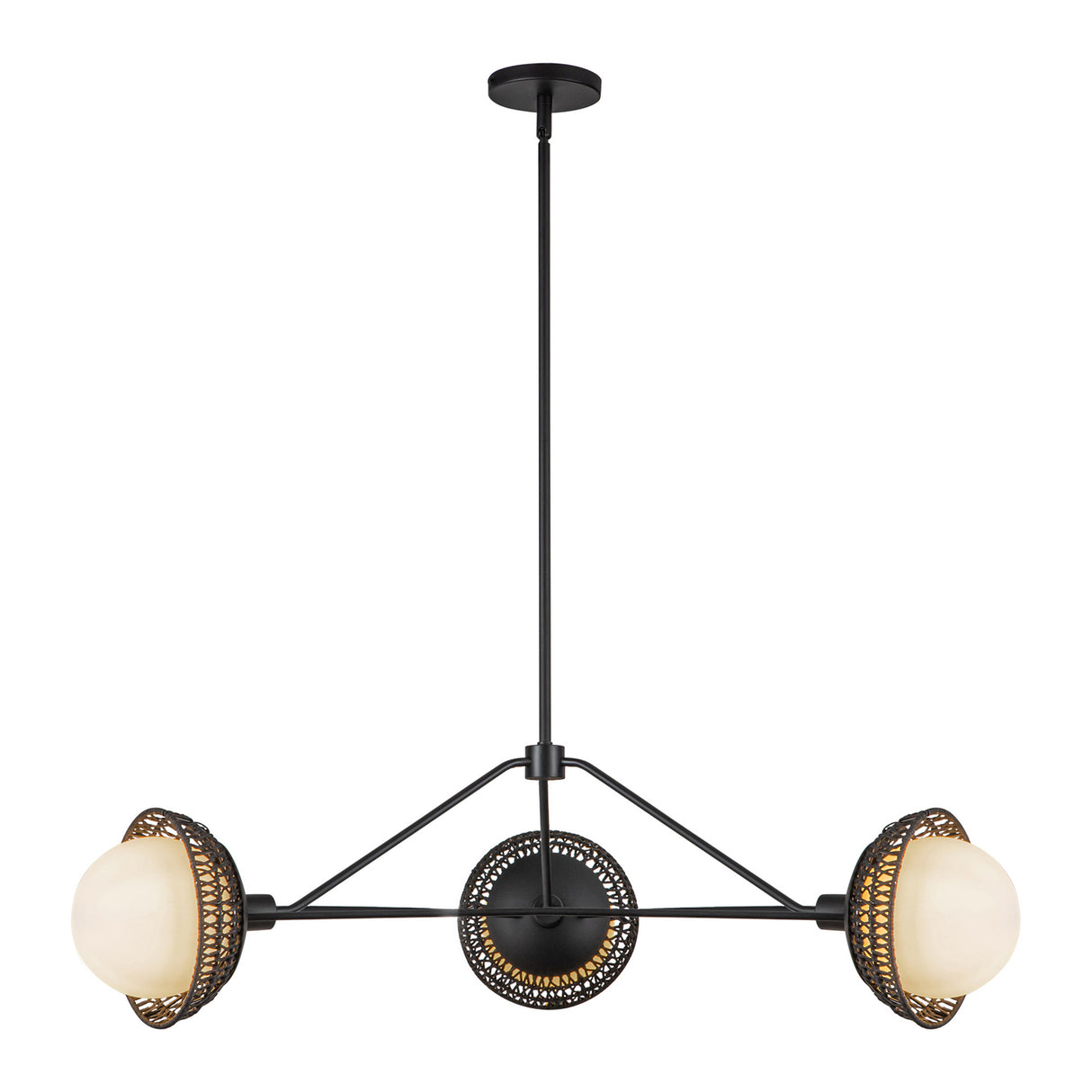 Santino 3 Light Chandelier 40", Matte Black and Black Rattan