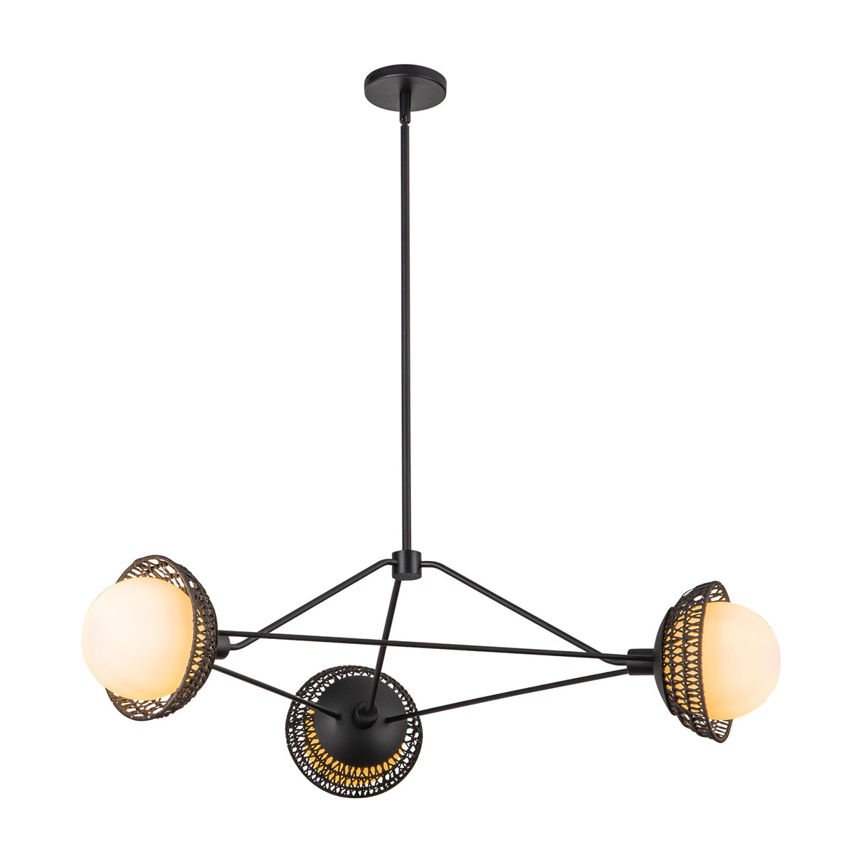 Santino 3 Light Chandelier 40", Matte Black and Black Rattan