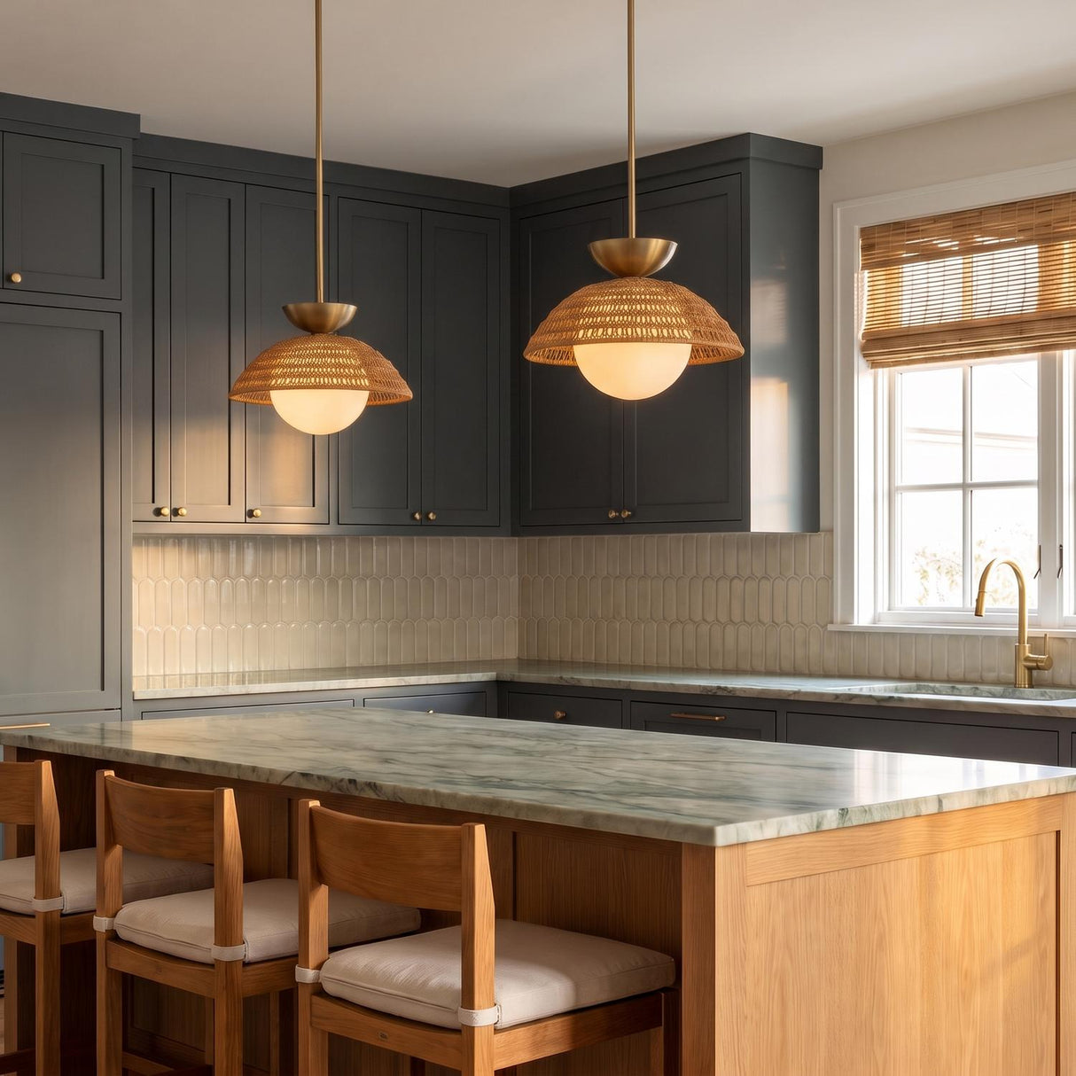 A coastal kitchen with two Santino Pendant 14" lights in brushed brass and natural rattan hanging over a marble island with dark gray shaker cabinets.