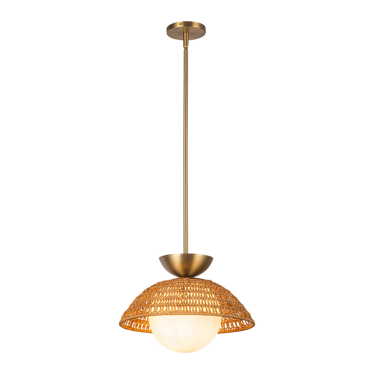 Santino Pendant 14", Brushed Brass and Natural Rattan