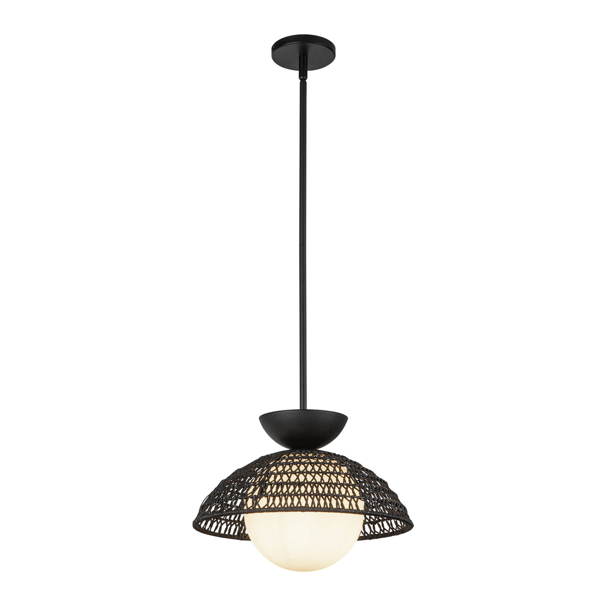 Santino Pendant 14", Matte Black and Black Rattan