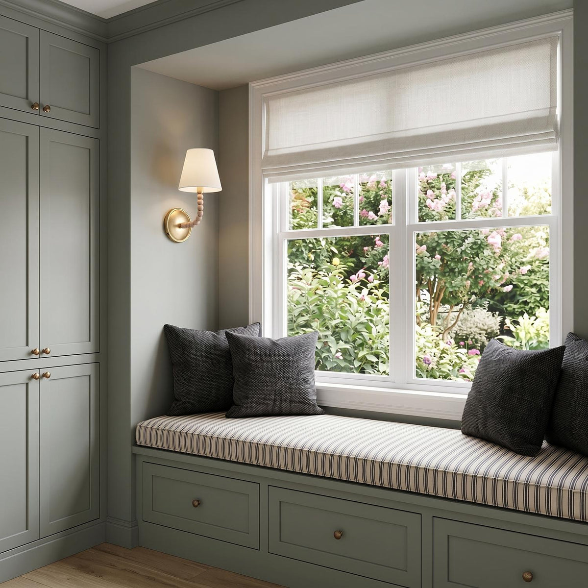 A transitional bedroom with a gilded brass wall sconce and linen shade mounted beside a sage green window seat featuring striped cushions and charcoal pillows.