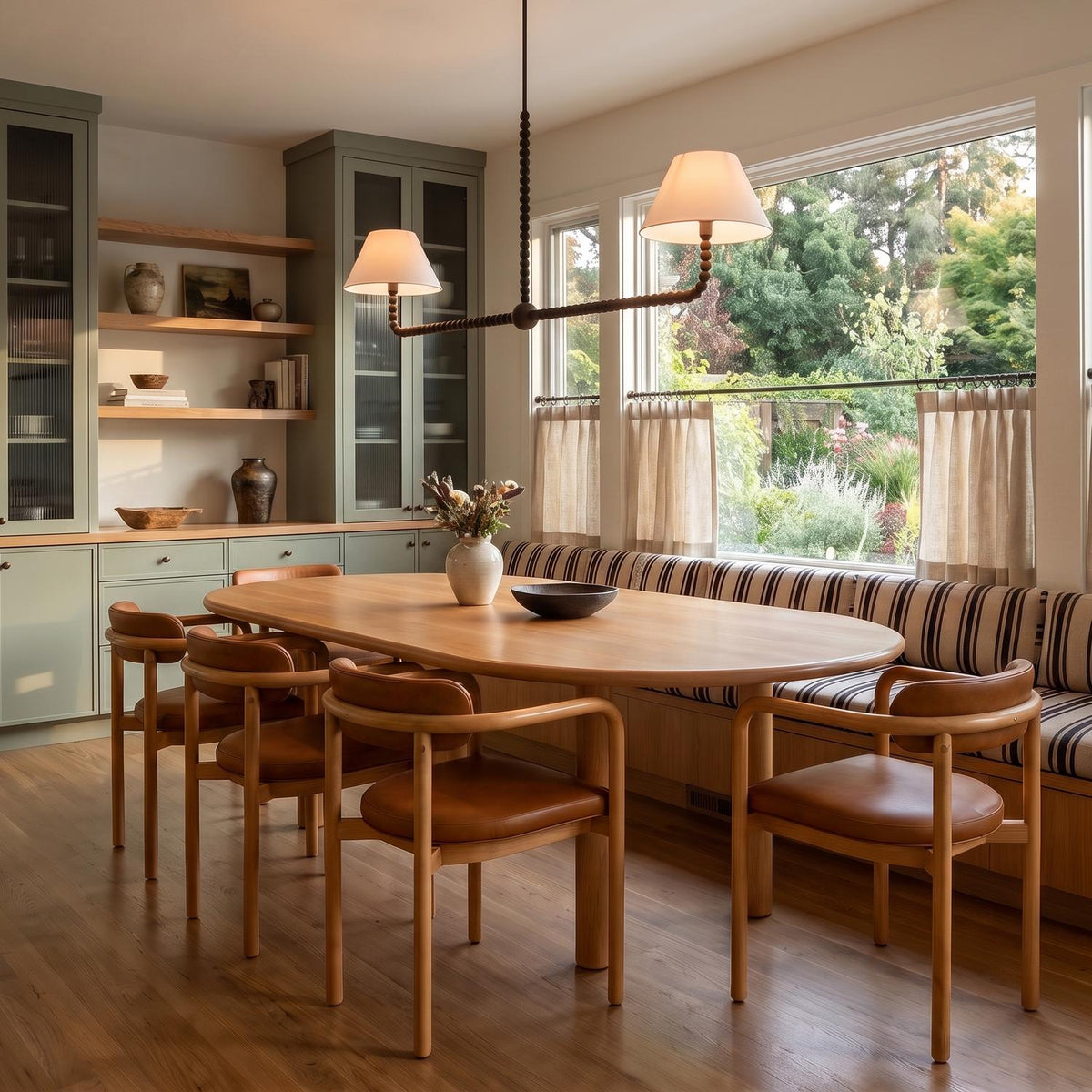 A transitional dining room with the Casimir 2 Shade Linear Pendant 61", Aged Iron and linen shades suspended over an oval wood table and sage green cabinetry.