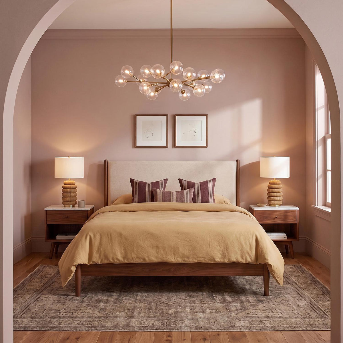 A mid-century bedroom with the Zinnia Chandelier in satin brass and clear hammered glass centered over a walnut bed frame and soft mauve walls.