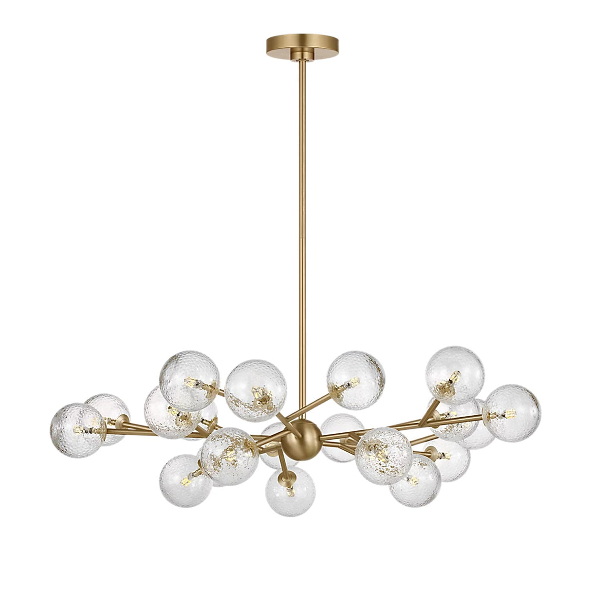 A modern multi-arm chandelier with a brushed gold finish and clear textured glass globes, suspended from a central rod against a plain white background.