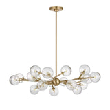 A modern multi-arm chandelier with a brushed gold finish and clear textured glass globes, suspended from a central rod against a plain white background.