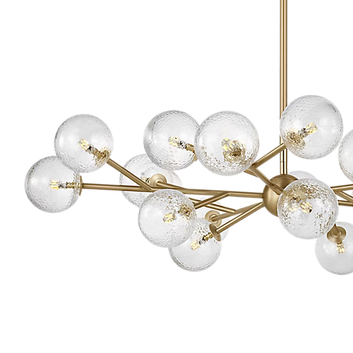 Zinnia Starburst 20-Globe Chandelier 32", Satin Brass and Clear Hammered Glass close up