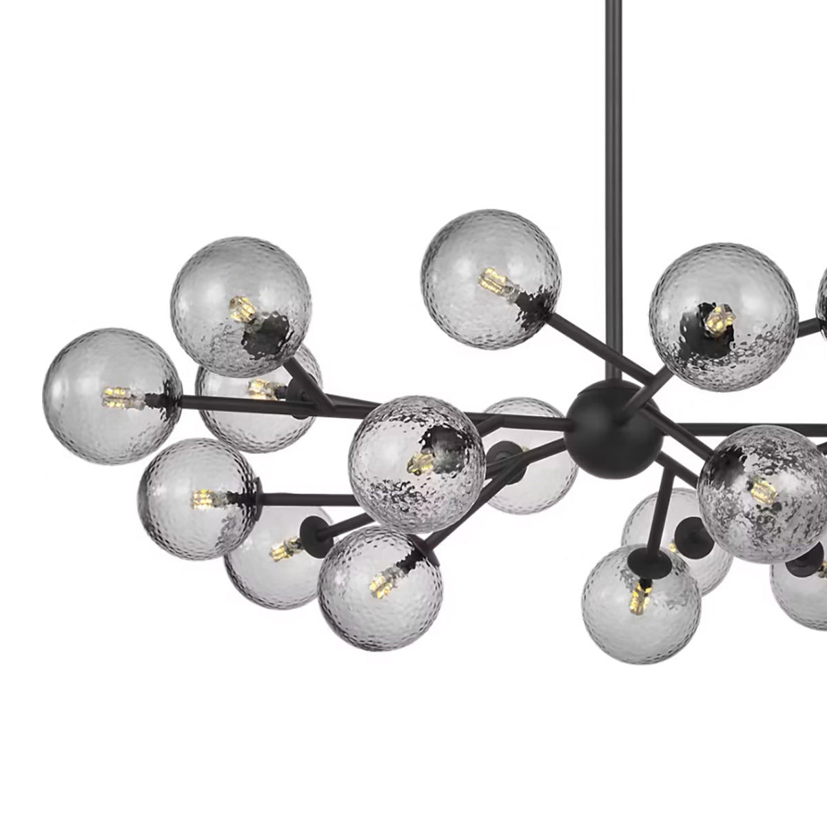 Zinnia Starburst 20-Globe Chandelier 32", Matte Black and Hammered Smoke Glass close up