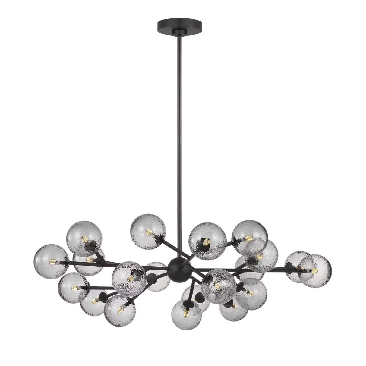 A modern multi-arm chandelier with a matte black finish and smoke-textured glass globes, suspended from a central rod against a plain white background.