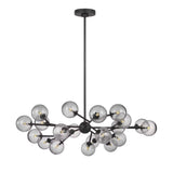 A modern multi-arm chandelier with a matte black finish and smoke-textured glass globes, suspended from a central rod against a plain white background.